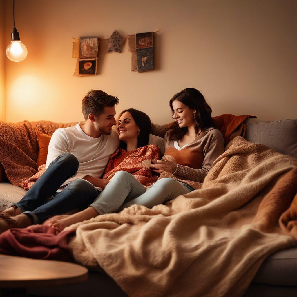 A warm and intimate scene of a couple sitting together on a cozy couch, surrounded by soft, ambient lighting and personal mementos that represent their shared memories. The couple is engaged in deep conversation, their expressions reflecting empathy and joy, symbolizing deep emotional connection. Soft textures like blankets and pillows enhance the cozy atmosphere. Include elements like a heart symbol subtly woven into the background. super-realistic. warm colors. soft focus.