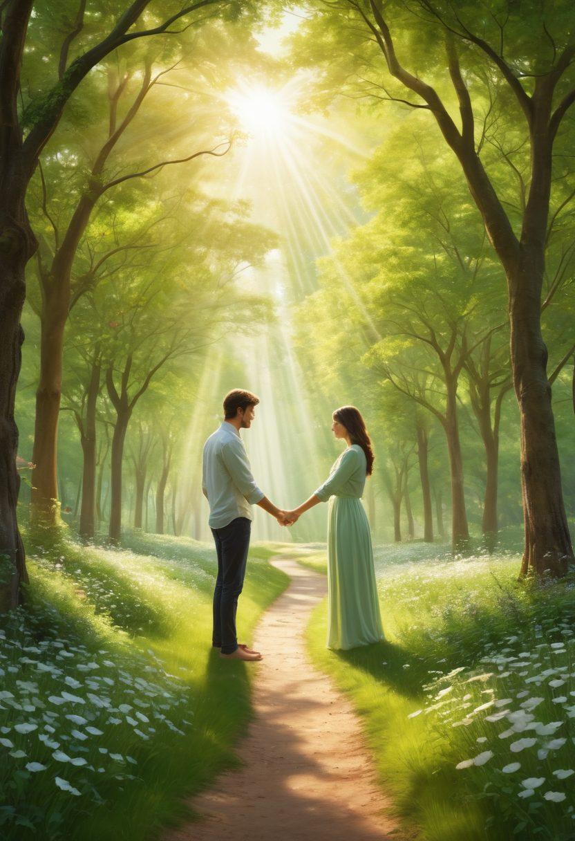 A serene scene depicting two individuals, one offering a hand to the other in a lush green park, symbolizing support and compassion. Soft sunlight filtering through the trees, with hearts subtly forming in the light rays. Background elements hinting at a peaceful journey, like a winding path and blooming flowers. Emphasize warm, inviting colors to evoke feelings of love and connection. super-realistic. vibrant colors. soft background.